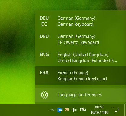 Screenshot of the keyboard layouts menu